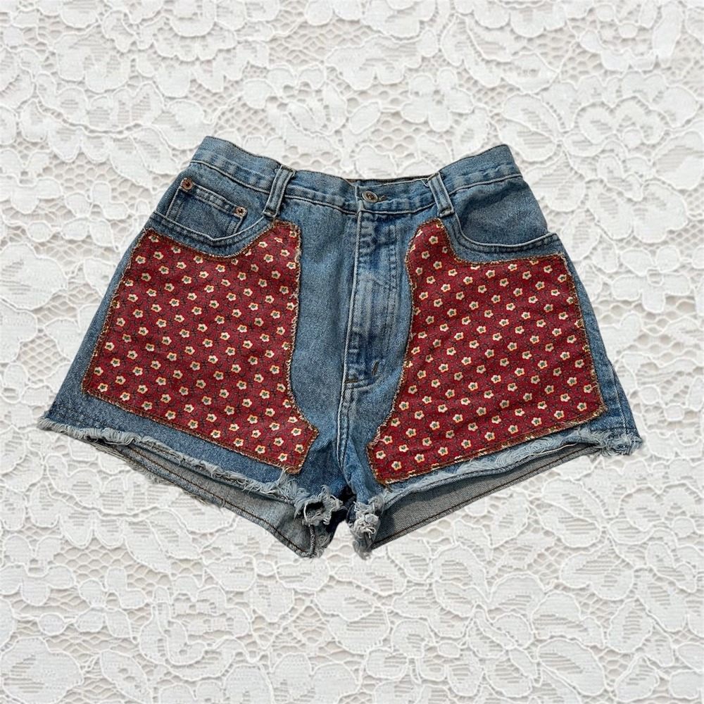 vintage 80s denim shorts with floral patches on front